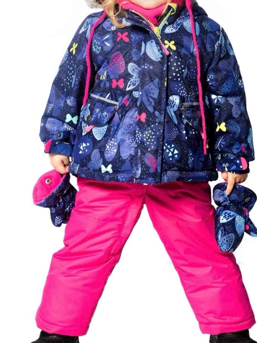deux par deux Navy Butterfly Jacket with Bright Pink Snow Pants